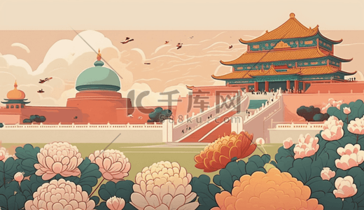 背景简约创意插画图片_创意国潮风建筑插画简约背景