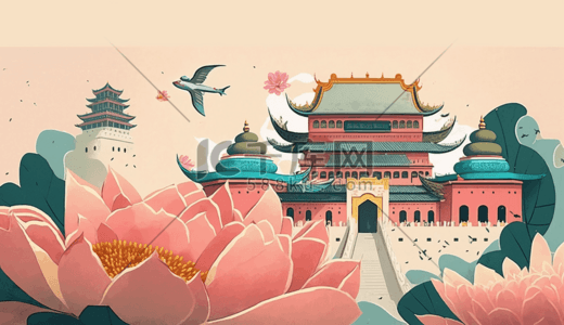 创意简约背景插画图片_创意国潮风建筑插画简约背景