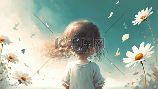 简约小女孩插画图片_简约清新白绿色花朵背景