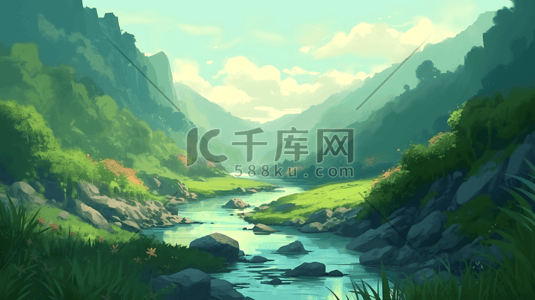 山川湖海插画图片_夏日山川河流森林绿色场景