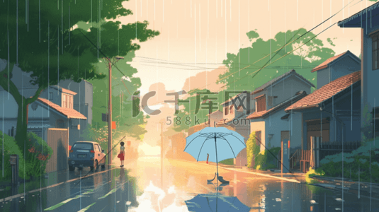 彩色夏季雨季卡通插画