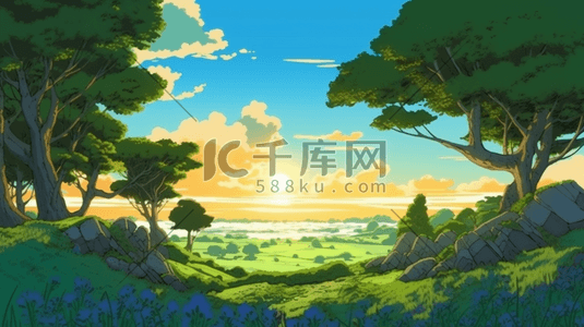 风格清新自然插画图片_绿色夏季小清新自然风景