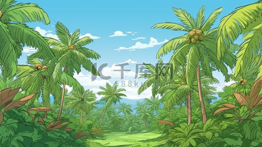热带自然插画图片_彩色夏季椰子树自然风景