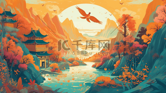 画纸纹理插画图片_国风插画建筑国潮中国风纹理