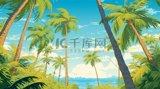 热带自然插画图片_彩色夏季椰子树自然风景