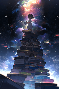 女孩站在书山上仰望星空梦幻