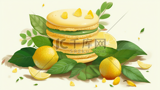 大理石马卡龙插画图片_黄色点心奶油牛奶蛋糕柠檬马卡龙