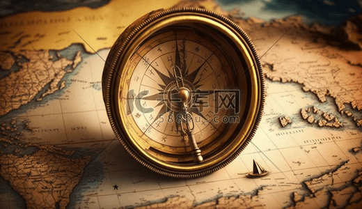 巨轮航海插画图片_复古航海冒险工具仪器指南针