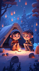 可爱的男孩和女孩在雪山边露营3D数字艺术