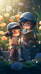 两个女孩坐在森林里看书3D数字艺术