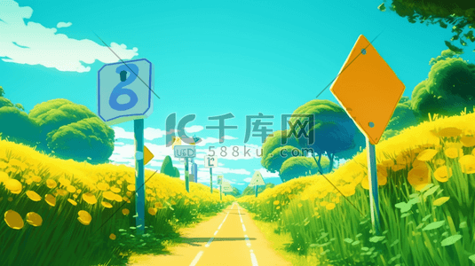 箭头路牌插画图片_彩色夏季路牌自然风景