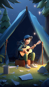 3d人物卡通插画图片_3D立体卡通人物男孩弹吉他露营