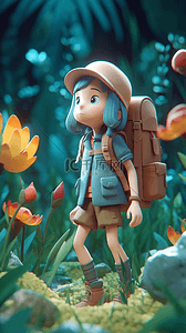 数字亚克力插画图片_一个背着背包和鲜花的卡通女孩3D数字艺术
