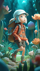 一个背着背包和鲜花的卡通女孩3D数字艺术