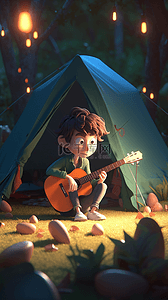 3D立体卡通人物男孩弹吉他露营