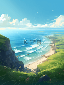 海边清爽背景插画图片_夏天海边清新插画背景