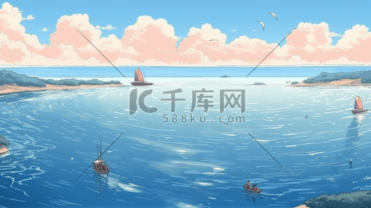 渔民出海插画图片_蓝色夏季小清新唯美出海插画