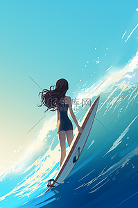 冲浪简约插画图片_阳光下大海上冲浪的女孩