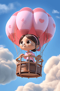 夏天小女孩坐在热气球上梦幻