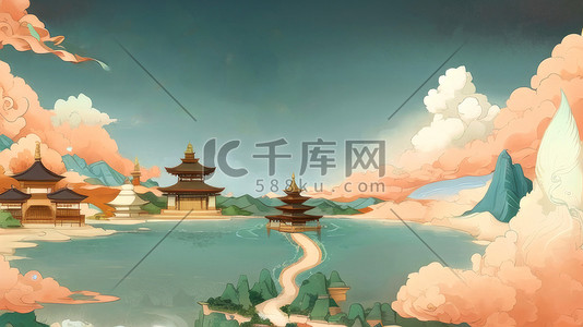 敦煌国潮插画图片_插画风景飞天仙女山水云亭子敦煌国潮中国风