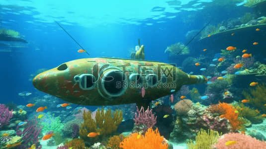 海洋旅行插画图片_海底海洋世界冒险旅行潜艇