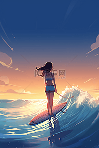 夕阳下大海上冲浪的女孩