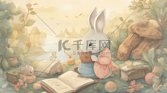 森林里在看书的可爱的小兔子艺术图