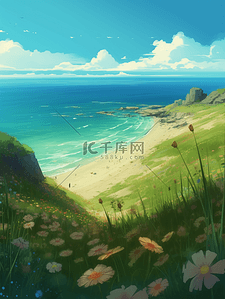 海边清爽背景插画图片_夏天海边清新插画背景