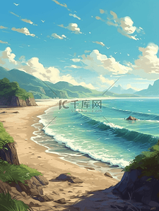 海边清爽背景插画图片_夏天海边清新插画背景