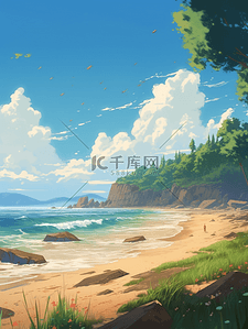 干净清新插画图片_夏天海边清新插画背景