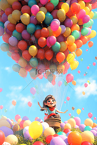 61气球插画图片_一个卡通可爱小女孩坐在气球上空中