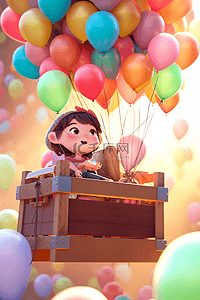 61彩色插画图片_一个卡通可爱小女孩坐在气球上空中