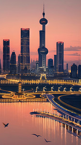 东方明珠夜景插画图片_上海城市建筑风景插画扁平风卡通