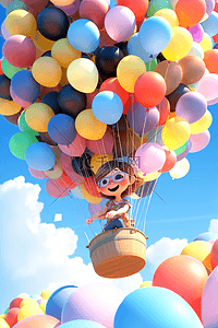 61彩色插画图片_一个卡通可爱小女孩坐在气球上空中