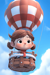 立体61插画图片_一个小女孩卡通场景3d立体热气球空中