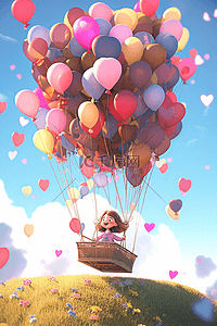 卡通立体场景插画图片_一个小女孩卡通场景3d立体气球