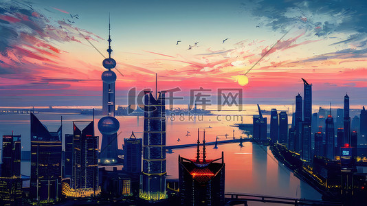 城市手绘夜景插画图片_上海城市建筑风景插画扁平风卡通
