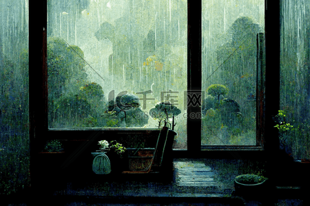 下雨夜室内生活插画背景图