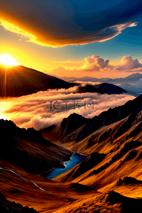 天空彩霞插画图片_夕阳西下的一片山川