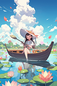 夏季荷花池插画图片_少女在荷花池里划船夏天唯美风景