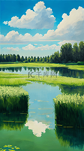 夏天绿色的池塘荷叶手绘