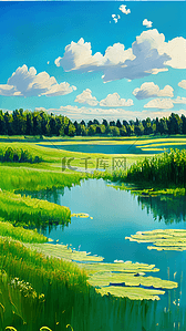 绿色的池塘插画图片_夏天绿色的池塘荷叶手绘