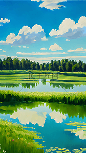 绿色的池塘插画图片_夏天绿色的池塘荷叶手绘