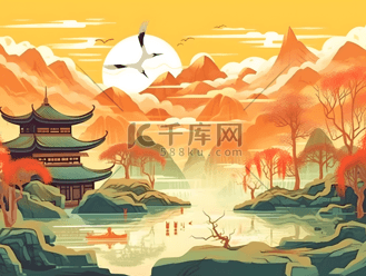 国潮古风矢量日出日落太阳高升城市印象插画