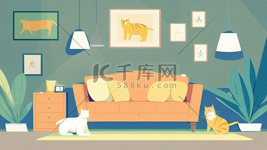 室内猫插画图片_卡通室内装修客厅扁平风插画