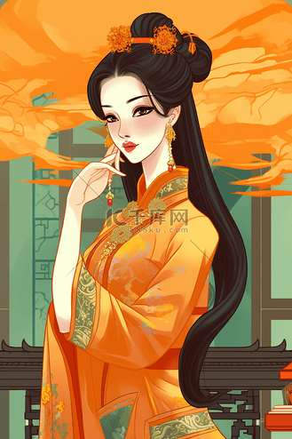 手绘唯美中秋赏月的古典美女背景企业vip免费下载插画创意手绘古典