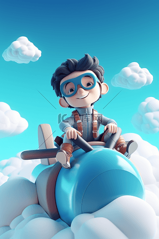男孩飞机图片素材_3d立体卡通男孩开飞机童趣
