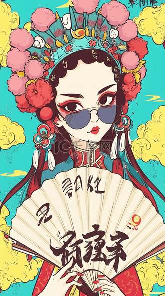 国潮风京剧手绘插画