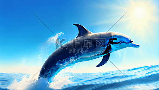 透明感插画图片_海洋虎鲸跳跃阳光明媚天空
