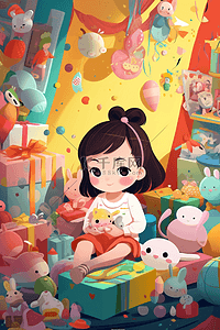 可爱61插画图片_儿童节卡通可爱小女孩卧室玩具